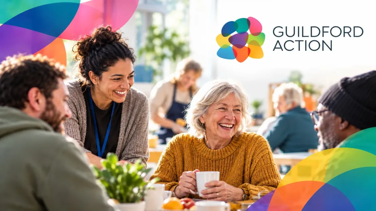 The Guildford Action logo beside people talking over tea at one of the charity's sessions