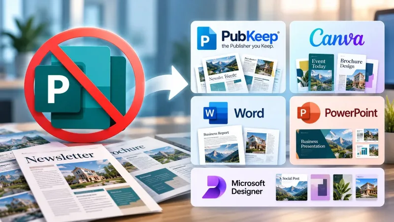The Microsoft Publisher icon crossed out, beside the logos of PubKeep, Canva, Word, PowerPoint and Microsoft Designer