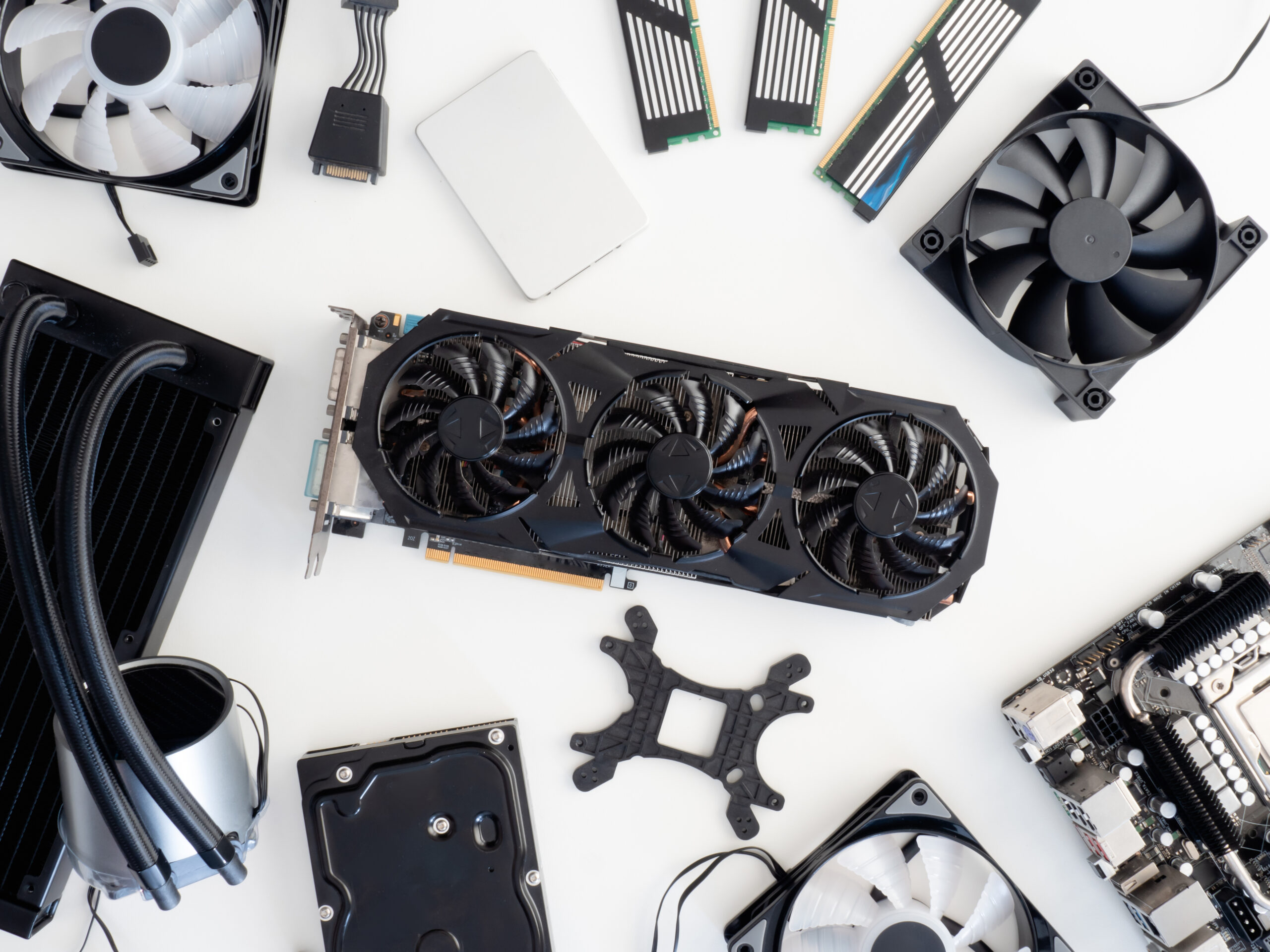 top view of computer parts with harddisk, solid state drive, ram